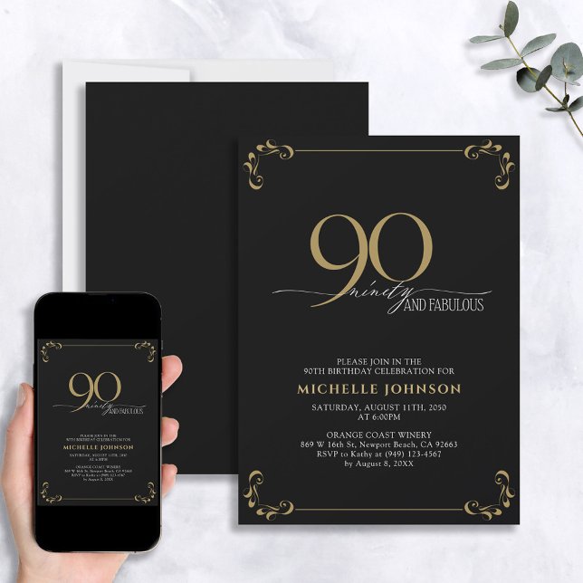 90 & Fabulous Black & Gold Calligraphy Birthday Invitation (Creator Uploaded)