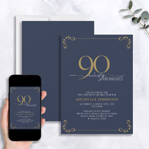 90 & Fabulous Blue & Gold Calligraphy Birthday Invitation