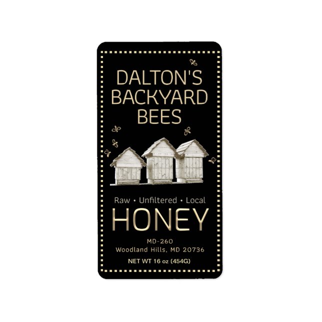 90 Labels Backyard Hive Honey Little Bees on Black (Front)