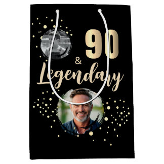 90 & Legendary 2 Photos 90th Birthday Gold Medium Gift Bag