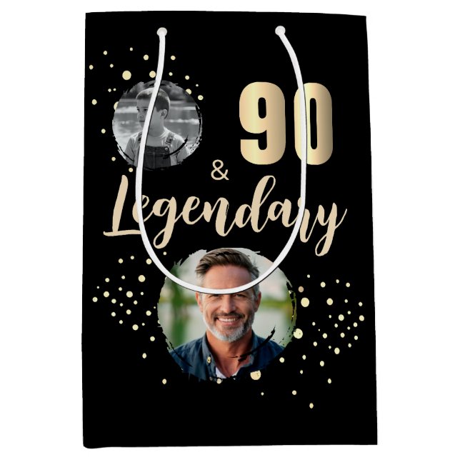 90 & Legendary 2 Photos 90th Birthday Gold Medium Gift Bag (Front)