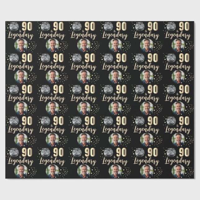 90 & Legendary 2 Photos 90th Birthday Gold Wrapping Paper (Flat)