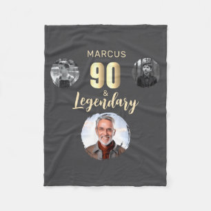 90 Legendary 3 Photos Gold 90th Birthday  Fleece Blanket