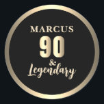 90 & Legendary Gold 90th Birthday Classic Round Sticker<br><div class="desc">90 & Legendary Gold 90th Birthday Party Sticker. Celebrate Marcus's incredible 90th birthday with this elegant black and gold '90 & Legendary' design. Featuring a sophisticated metallic gold border and typography on a black background. It's the perfect way to honor a truly legendary individual reaching this significant milestone. Ideal for...</div>