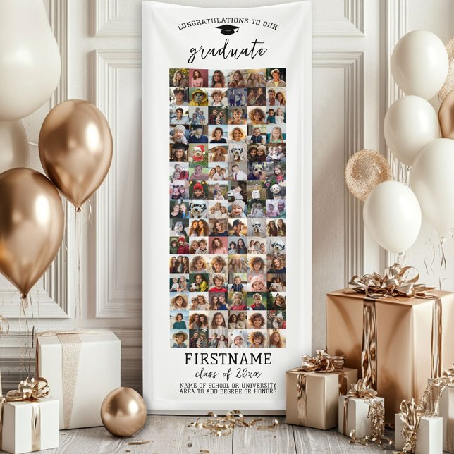 90 Photo Collage Graduation Modern Minimal White Banner (Custom Graduation Banner - Great for a backdrop or Grad Party Decoration)