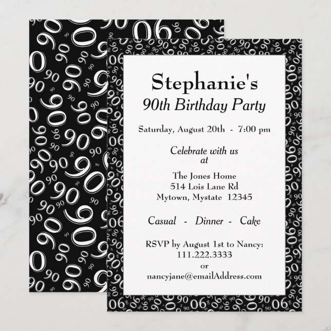 90 Random Number Pattern Black/White 90th Invitation (Front/Back)