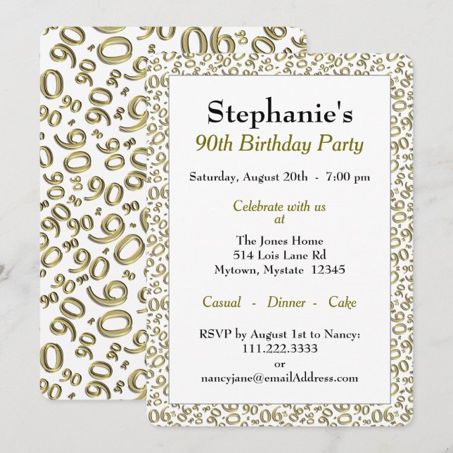 90 Random Number Pattern Gold/White 90th Invitation (Front/Back)
