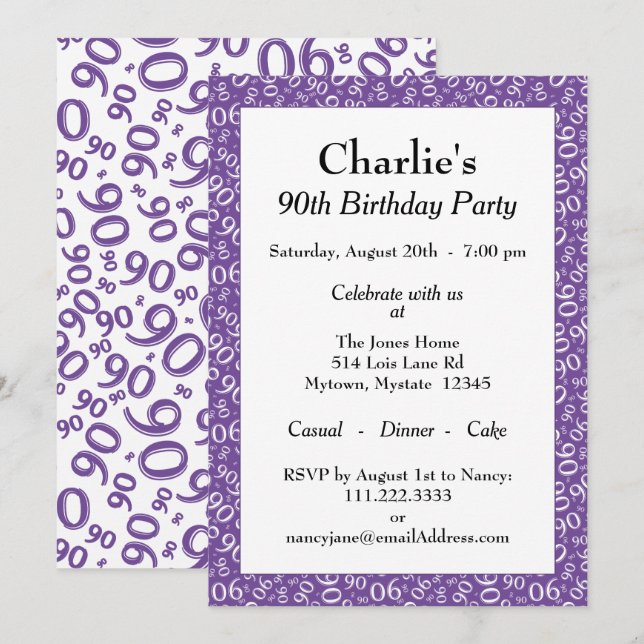 90 Random Number Pattern Purple/White 90th Invitation (Front/Back)