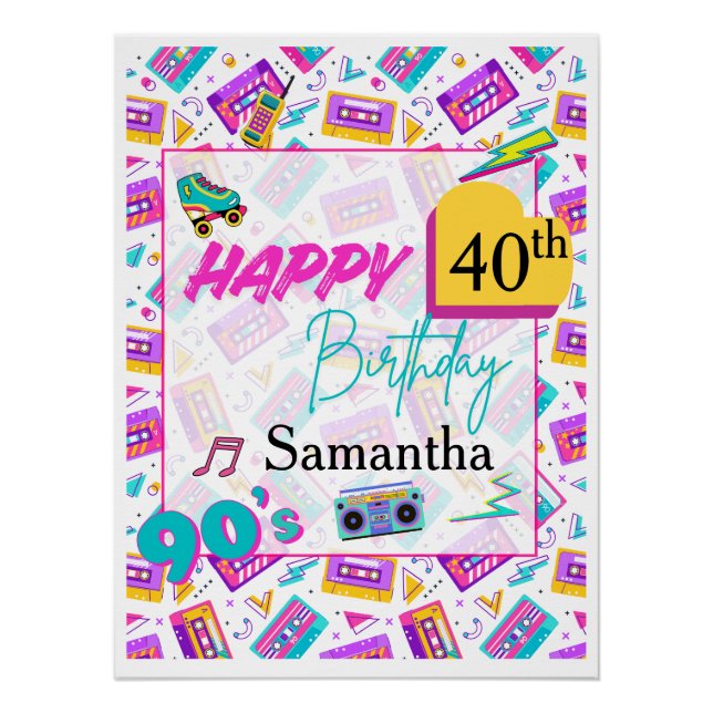 90’s Themed Happy Birthday Party Backdrop Poster  (Front)