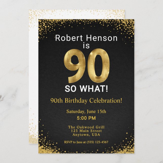 90 So What! Black Gold 90th Birthday Invitation (Front/Back)