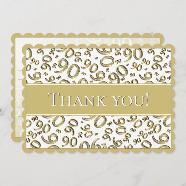 90 "Thank you!" Gold and White Number Pattern Thank You Card (Front/Back)