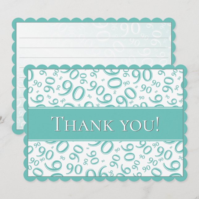 90 "Thank you!" Teal and White Number Pattern Thank You Card (Front/Back)