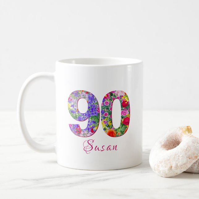 90 years birthday party floral design mug (With Donut)