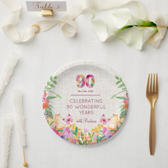 90 Years Flowers 90th Birthday Linen Party Paper Plate (Wedding)