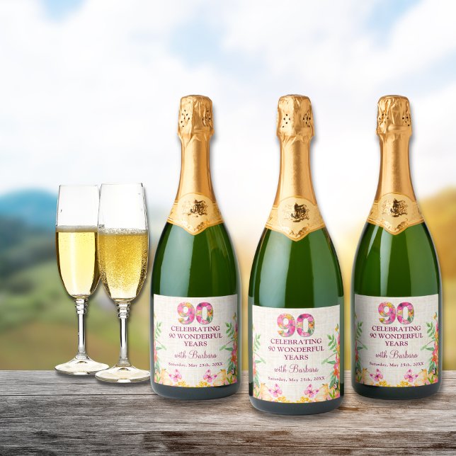 90 Years Flowers Butterfly 90th Birthday Linen Sparkling Wine Label (Creator Uploaded)