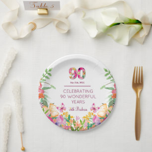90 Years Flowers Butterfly 90th Birthday Party Paper Plate