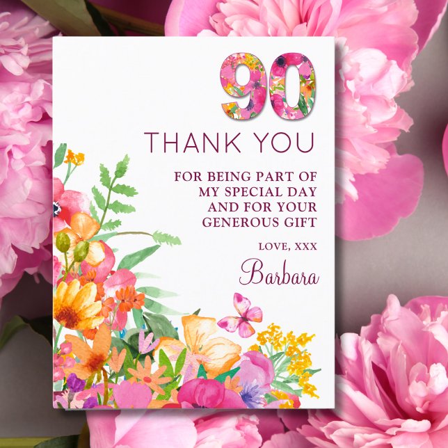 90 Years Flowers Butterfly 90th Birthday Thank You Announcement Postcard (Creator Uploaded)