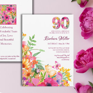 90 Years Flowers Butterfly Grandma 90th Birthday Invitation