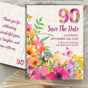 90 Years Flowers Floral 90th Birthday Linen Announcement Postcard