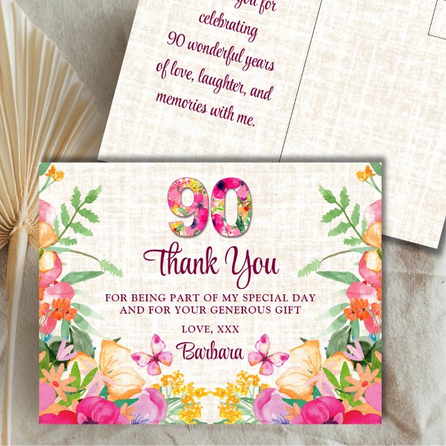90 Years Flowers Floral Linen 90th Birthday Thanks Postcard (Creator Uploaded)
