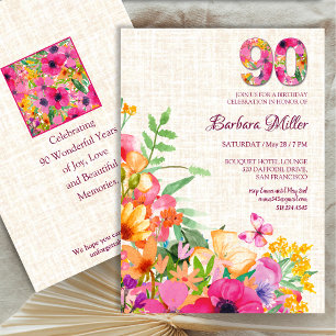 90 Years Flowers Grandma 90th Birthday Linen Invitation