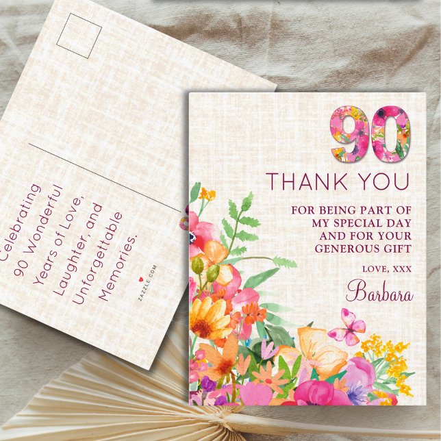 90 Years Flowers Linen 90th Birthday Thank You Announcement Postcard (Creator Uploaded)
