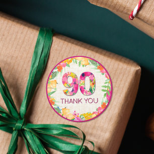 90 Years Flowers Linen 90th Birthday Thank You Classic Round Sticker