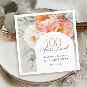 90 Years Loved Feminine Floral 100th Birthday Napkin