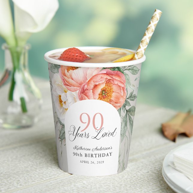 90 Years Loved Feminine Floral 90th Birthday Paper Cups (Creator Uploaded)