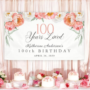 90 Years Loved Peach Floral 100th Birthday Banner