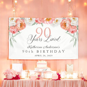 90 Years Loved Peach Floral 90th Birthday Banner