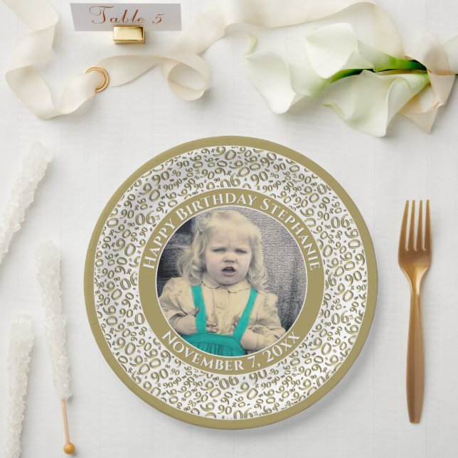 90 Your Photo Random Number Pattern Gold/White Paper Plate (Wedding)