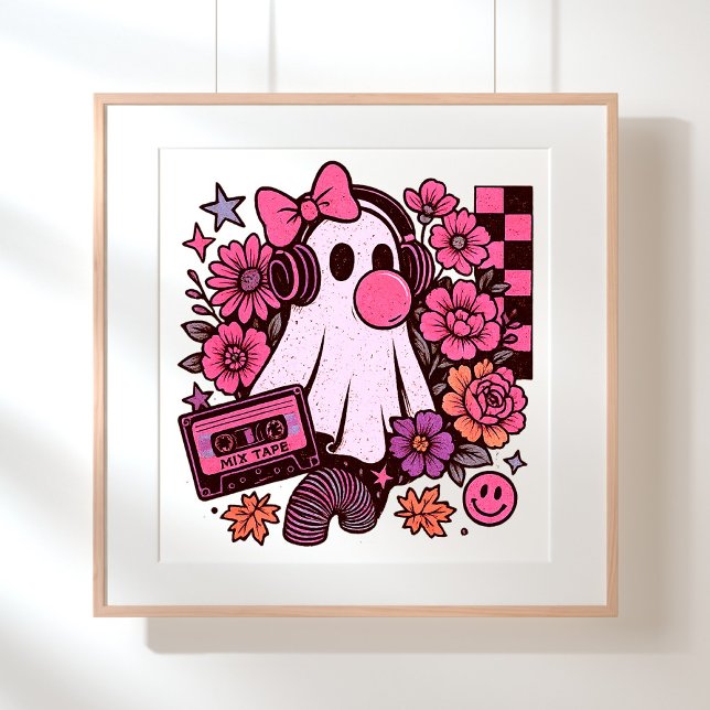 90s Bubblegum Aesthetic Retro Ghost Girl Halloween Poster (This ghost girl design mixes 90s aesthetic nostalgia with playful Halloween charm.)