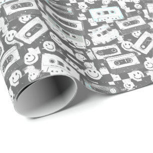 90s Cassette & Smiley Wrapping Paper - Monochrome