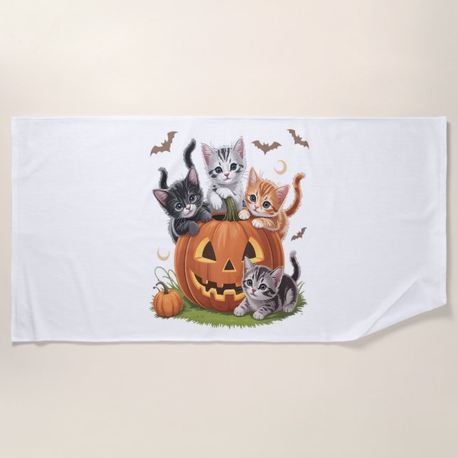 90s Cat Pumpkin Halloween Floral Spooky Season Beach Towel (Front)