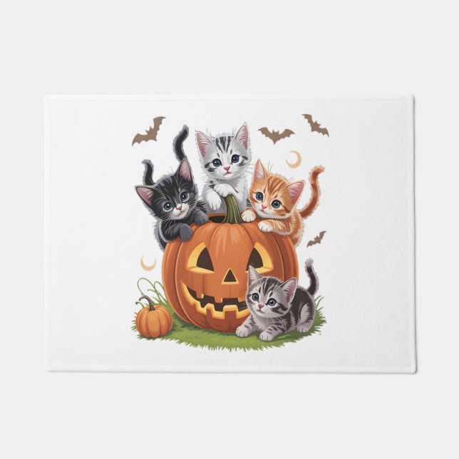 90s Cat Pumpkin Halloween Floral Spooky Season Doormat (Front)