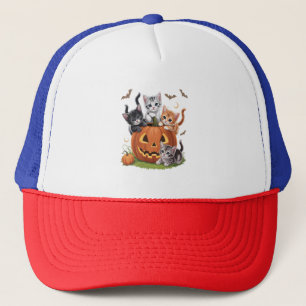 90s Cat Pumpkin Halloween Floral Spooky Season Trucker Hat