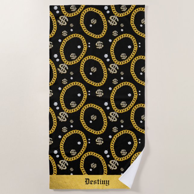  90's Hip Hop Rap Music Gold Cuban Link Chain Beach Towel (Front)