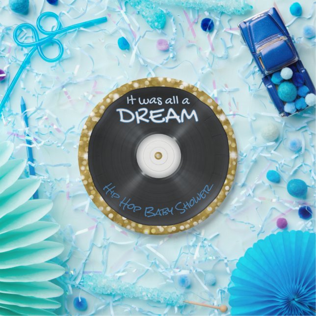 90's Hip Hop Record | Blue & Gold Glitter Retro Paper Plate (Party)