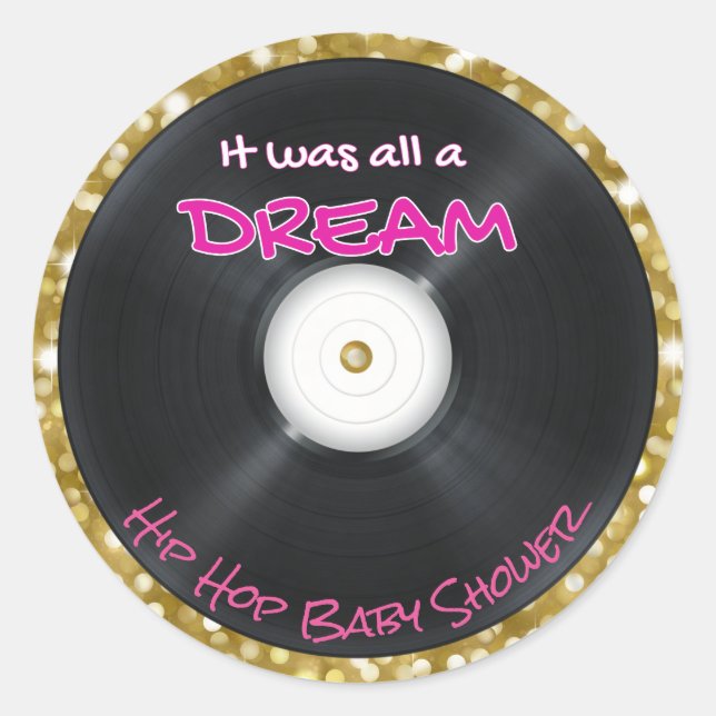 90's Hip Hop Record |Pink & Gold Glitter Retro Classic Round Sticker (Front)