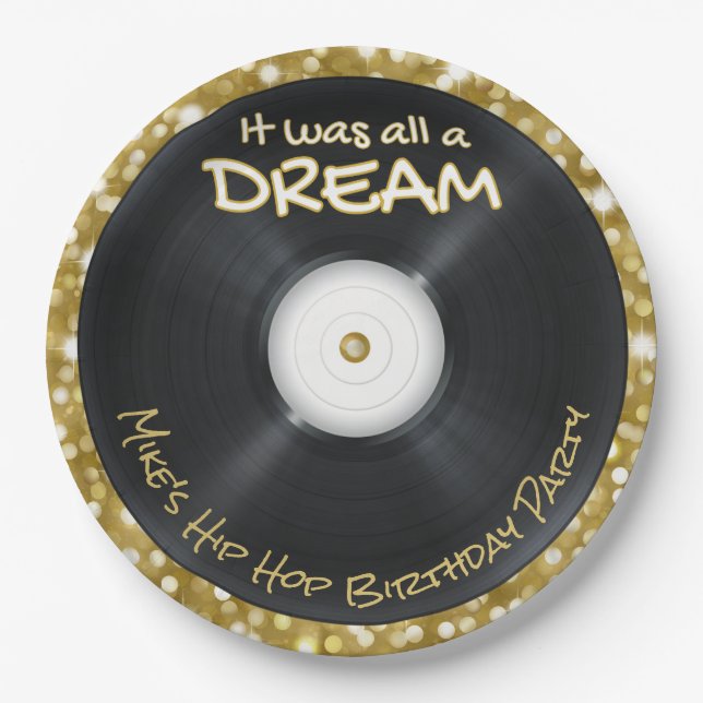 90's Hip Hop Record White & Gold Glitter Retro Paper Plate (Front)