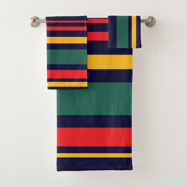 90s Inspired Multi Colour Bold Retro Stripes Bath Towel Set (Insitu)