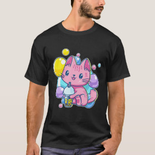90S Kawaii Pink Pastel Chibi Cat Kitten Drinking B T-Shirt