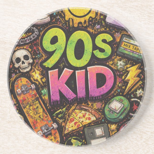 90s Kids Grunge Seamless Pattern: Pizza, Skeletons Coaster (Front)