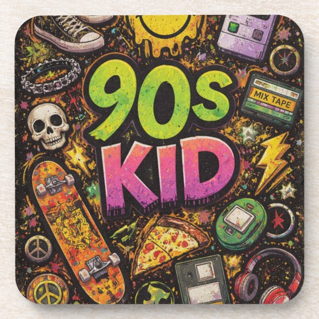 90s Kids Grunge Seamless Pattern: Pizza, Skeletons Coaster (Front)
