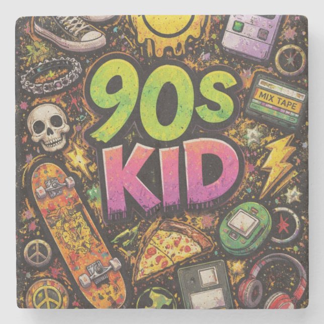 90s Kids Grunge Seamless Pattern: Pizza, Skeletons Stone Coaster (Front)