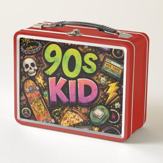 90s Kids Retro Pizza Fun Pattern Metal Lunch Box (Front)
