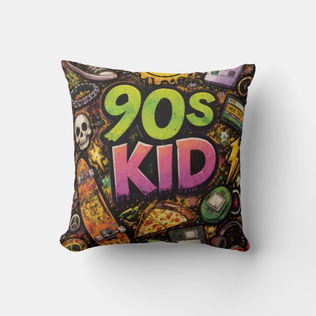 90s Kids Retro Skateboard Skeleton Pizza Grunge De Cushion (Front)