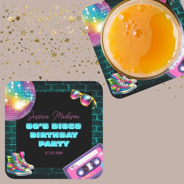 90s Neon Disco Birthday Square Paper Coaster (Creator Uploaded)