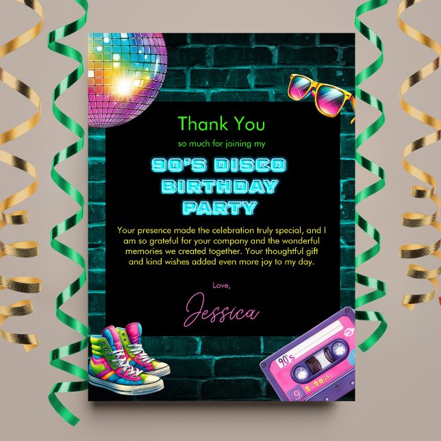 90s Neon Disco Birthday  Thank You Card (Creator Uploaded)